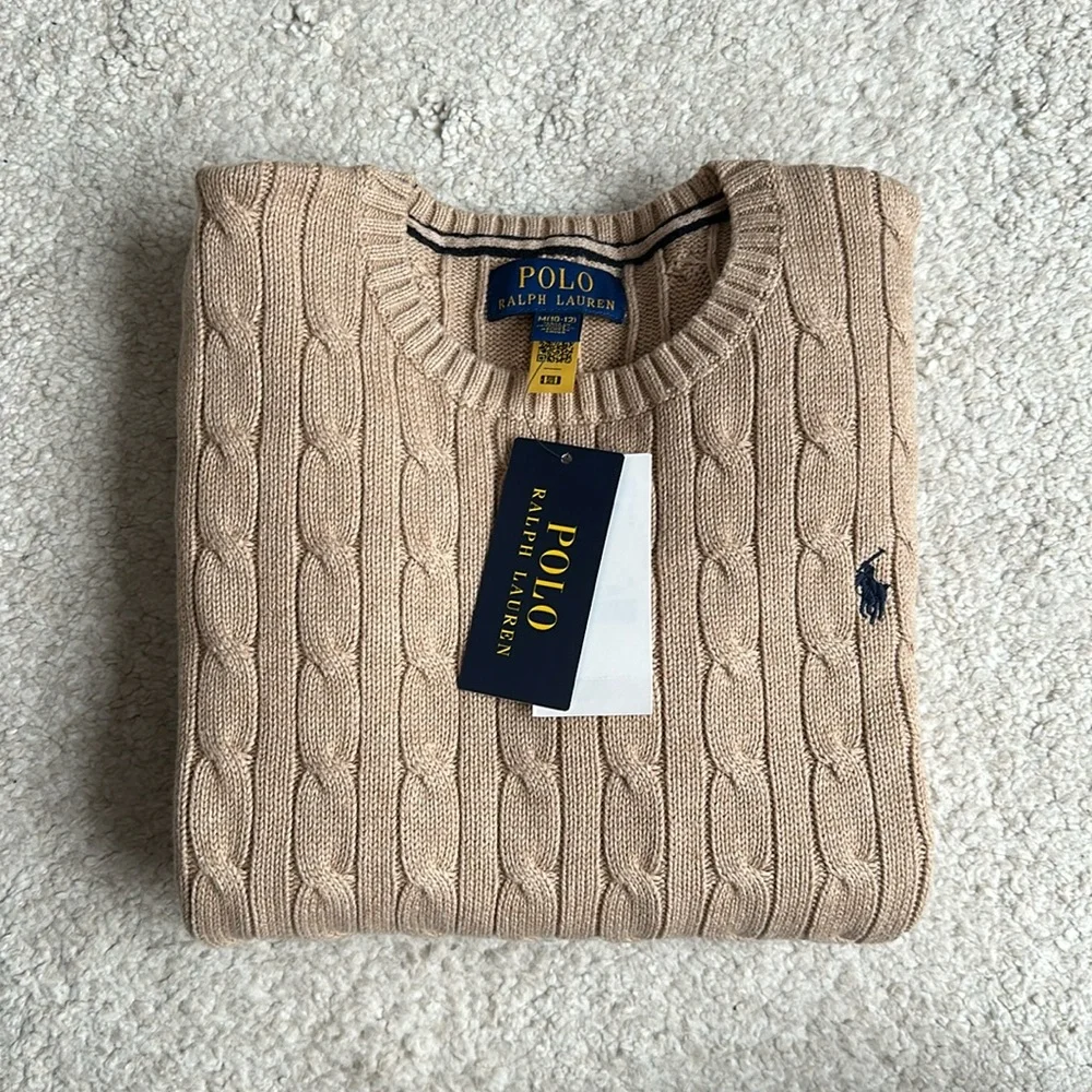 NWT Polo Ralph Lauren Cable-Knit Crewneck Cotton Sweater - New Camel Melange